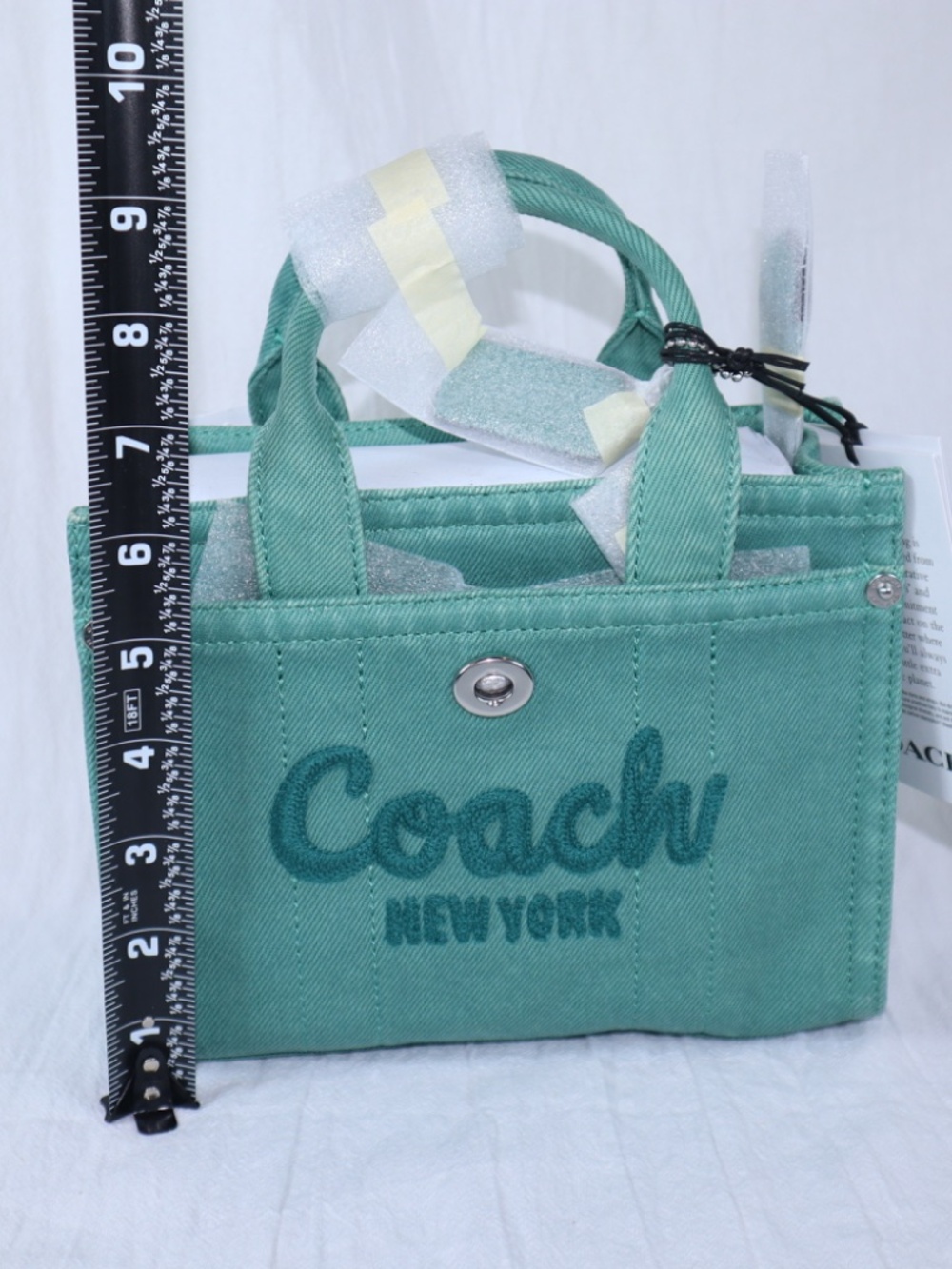 COACH Denim Cargo Tote 26 Mini Mint/Teal Handbag Crossbody NWT - Picture 4 of 7